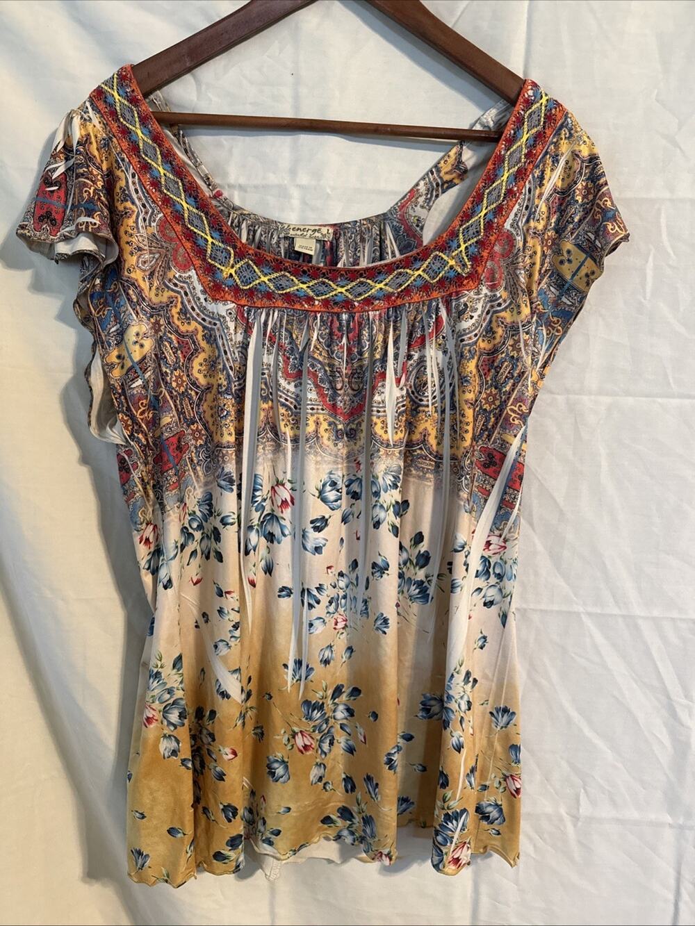 Energe World Wear Womens Tunic Top Size Large Yellow Floral Square Neck Flutter